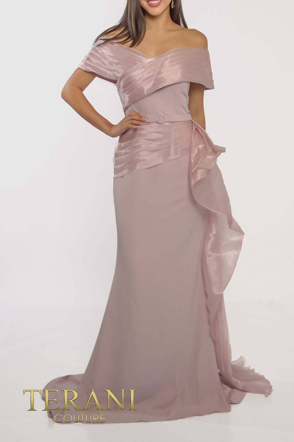 241M2703 A-Line Off-Shoulder Chiffon Mink Column Evening Dress