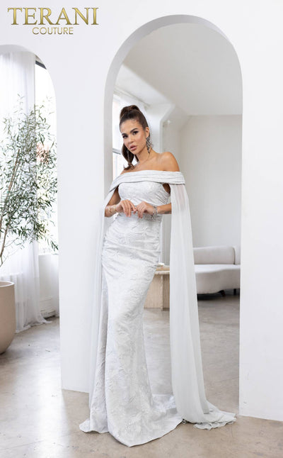 241M2721 Off-Shoulder Jacquard Silver Column Evening Dress