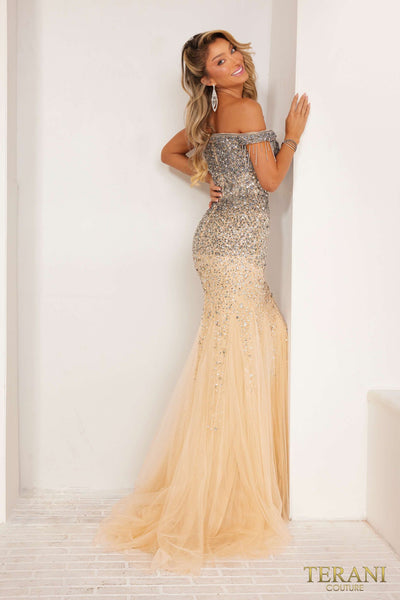 241P2095 Off-Shoulder Bodycon Tulle Long Prom Dress