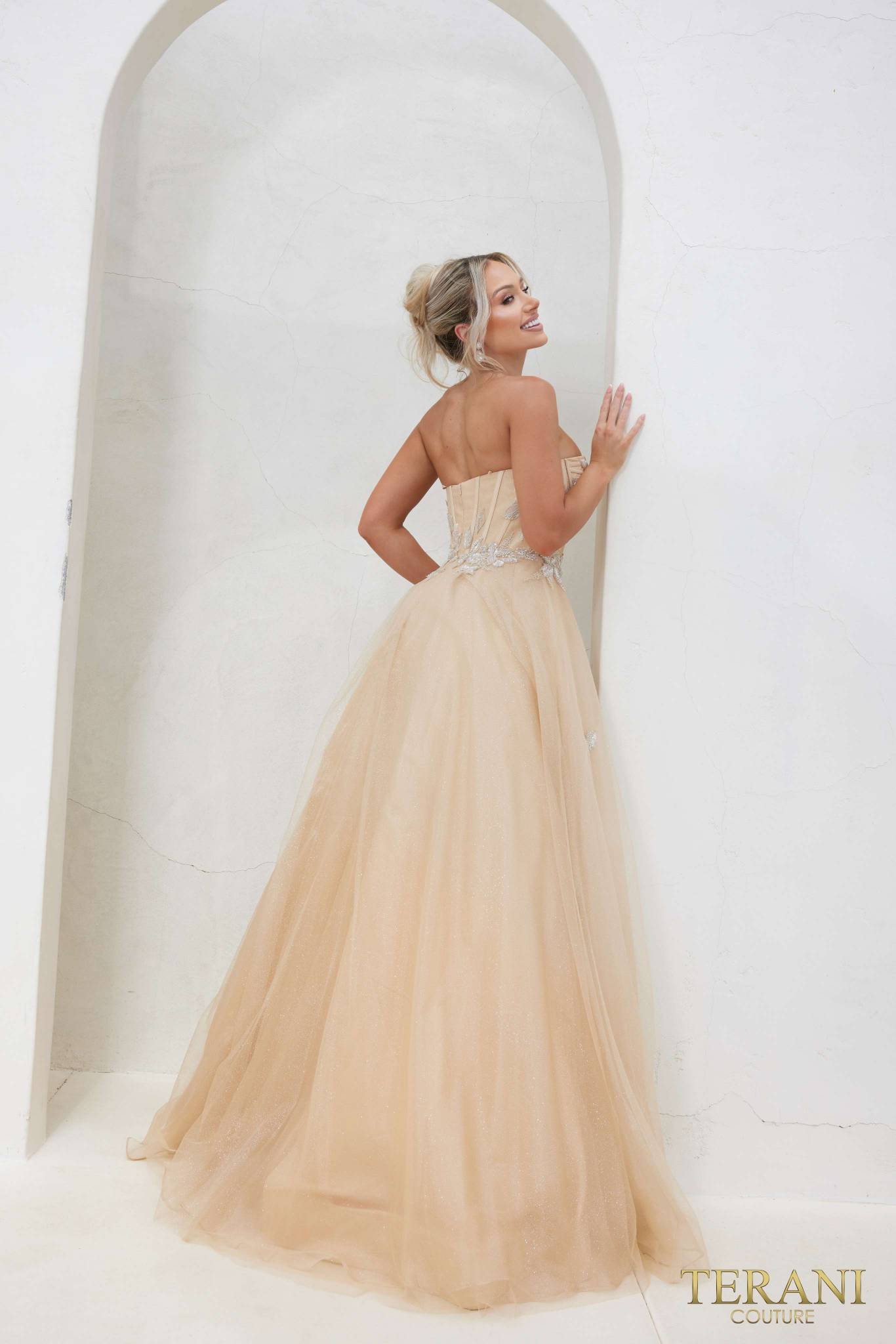 241P2216 Off-Shoulder Glitter Tulle Champagne Ballgown Prom Dress