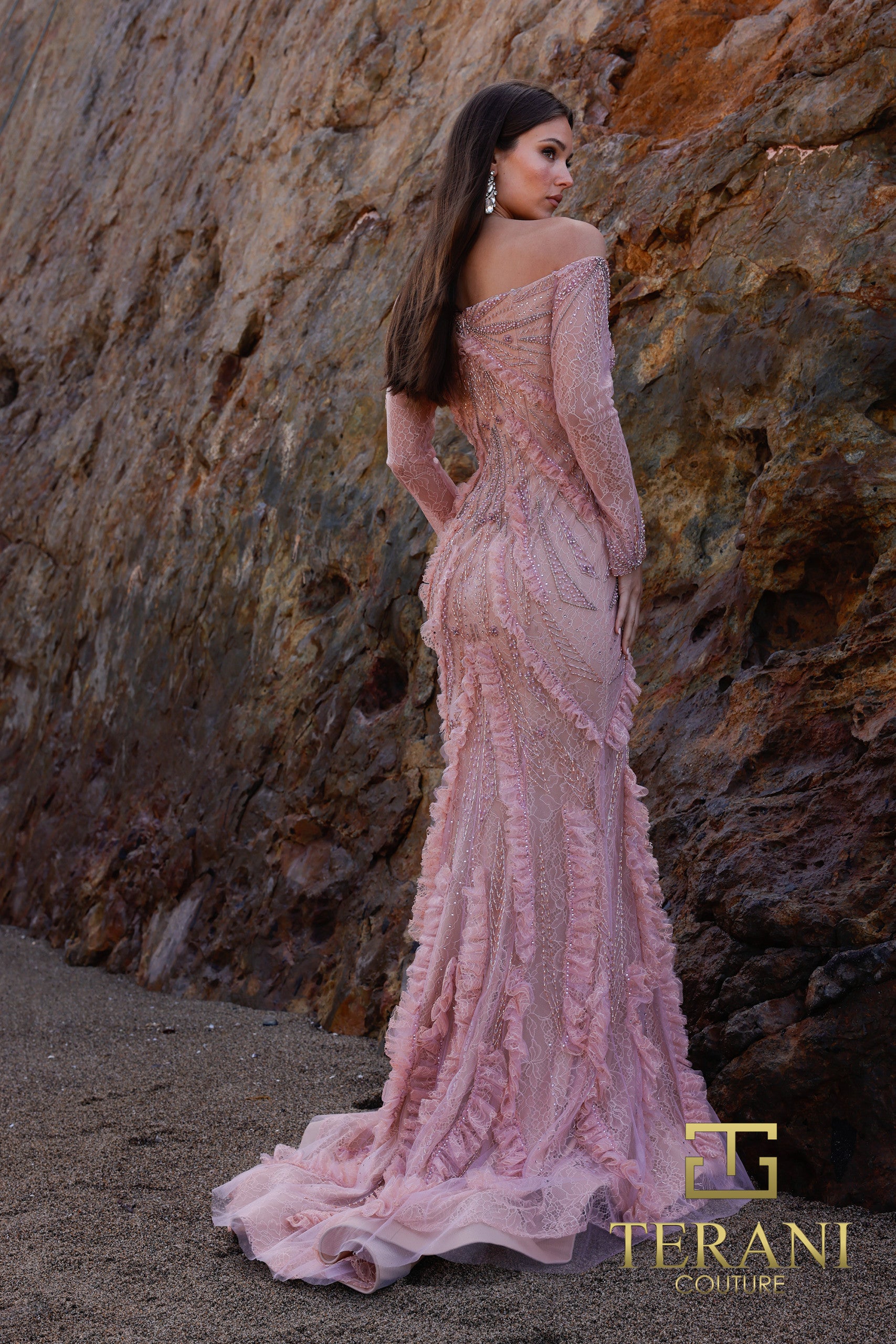 241GL2628 Long Sleeves Off-Shoulder Fishnet Olive Nude Column Evening Dress