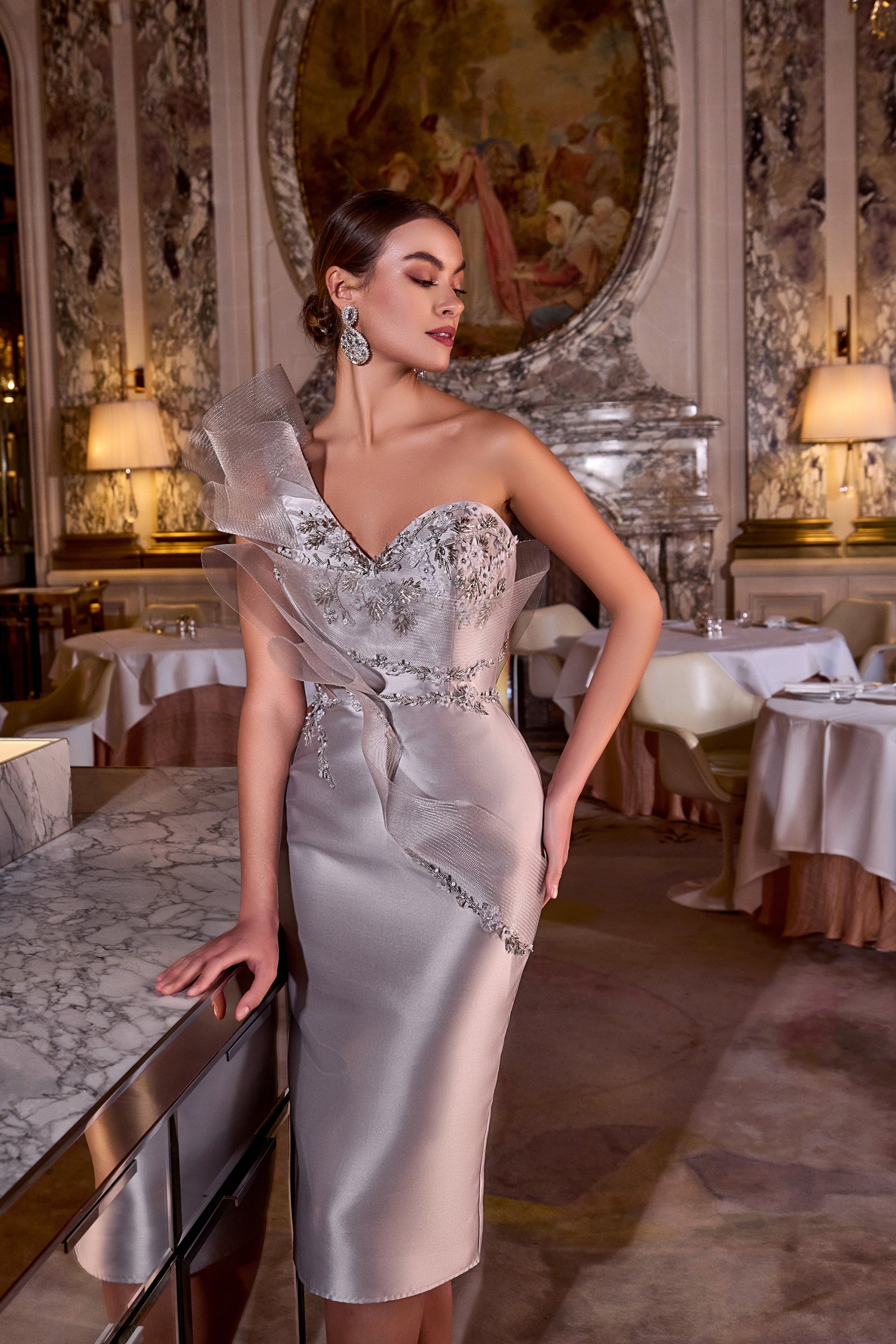 242C3039 Taupe Rose Stretch Mikado One-Shoulder cocktail Dress