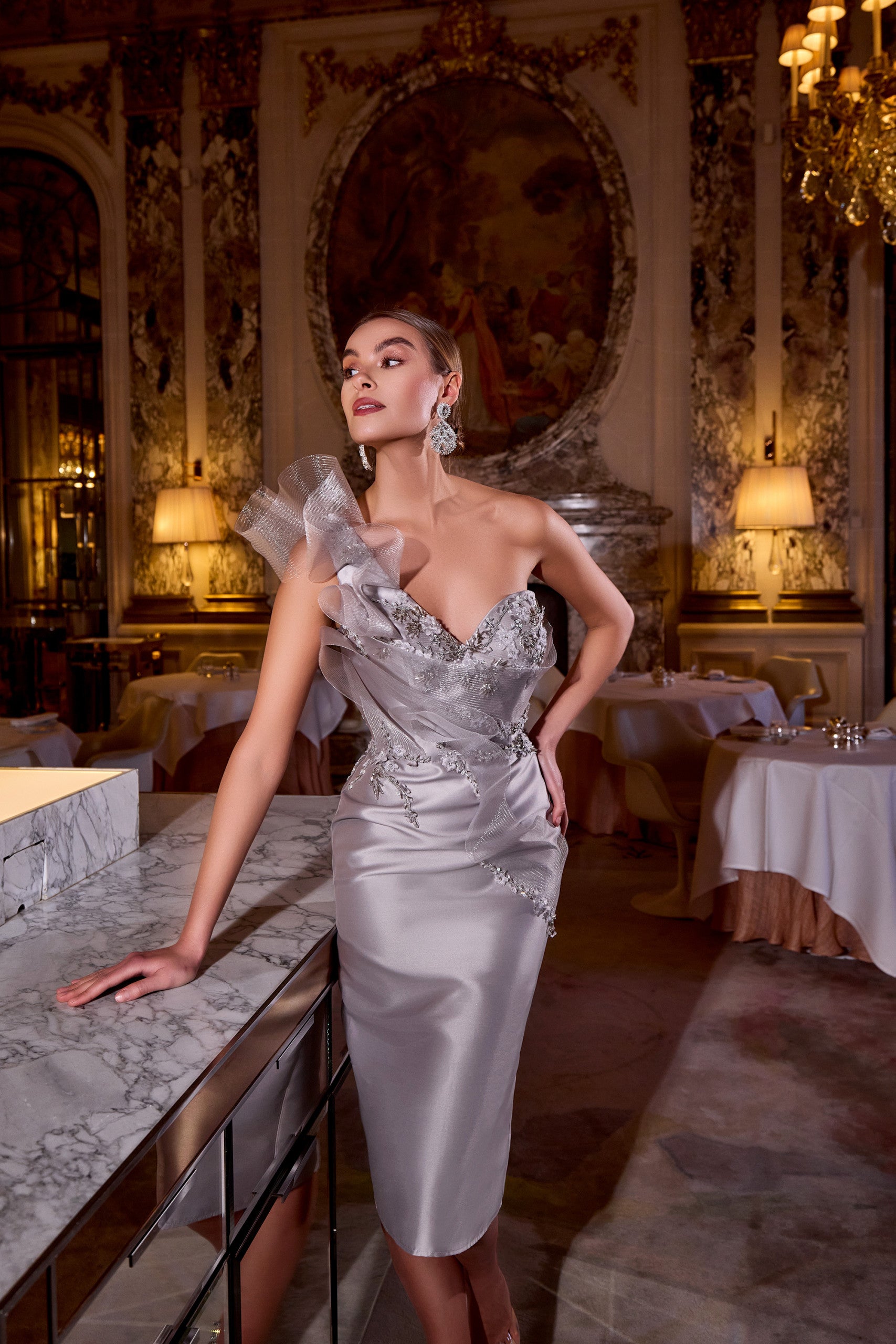 242C3039 Taupe Rose Stretch Mikado One-Shoulder cocktail Dress