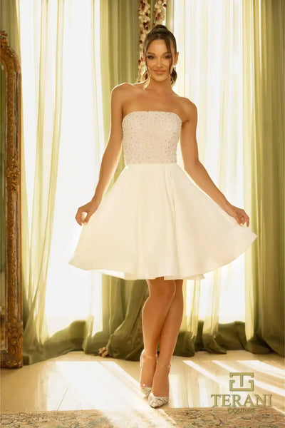 242C3055 Ivory Matte Satin Strapless cocktail Dress