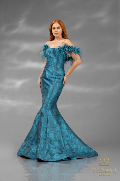 242E3160 Jacquard Scoop Off-Shoulder Long Trumpet Dress