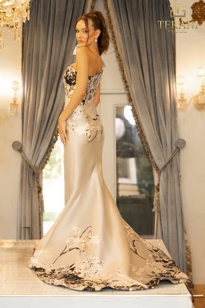 242E3165 Print Mikado One Shoulder Trumpet Evening Dress