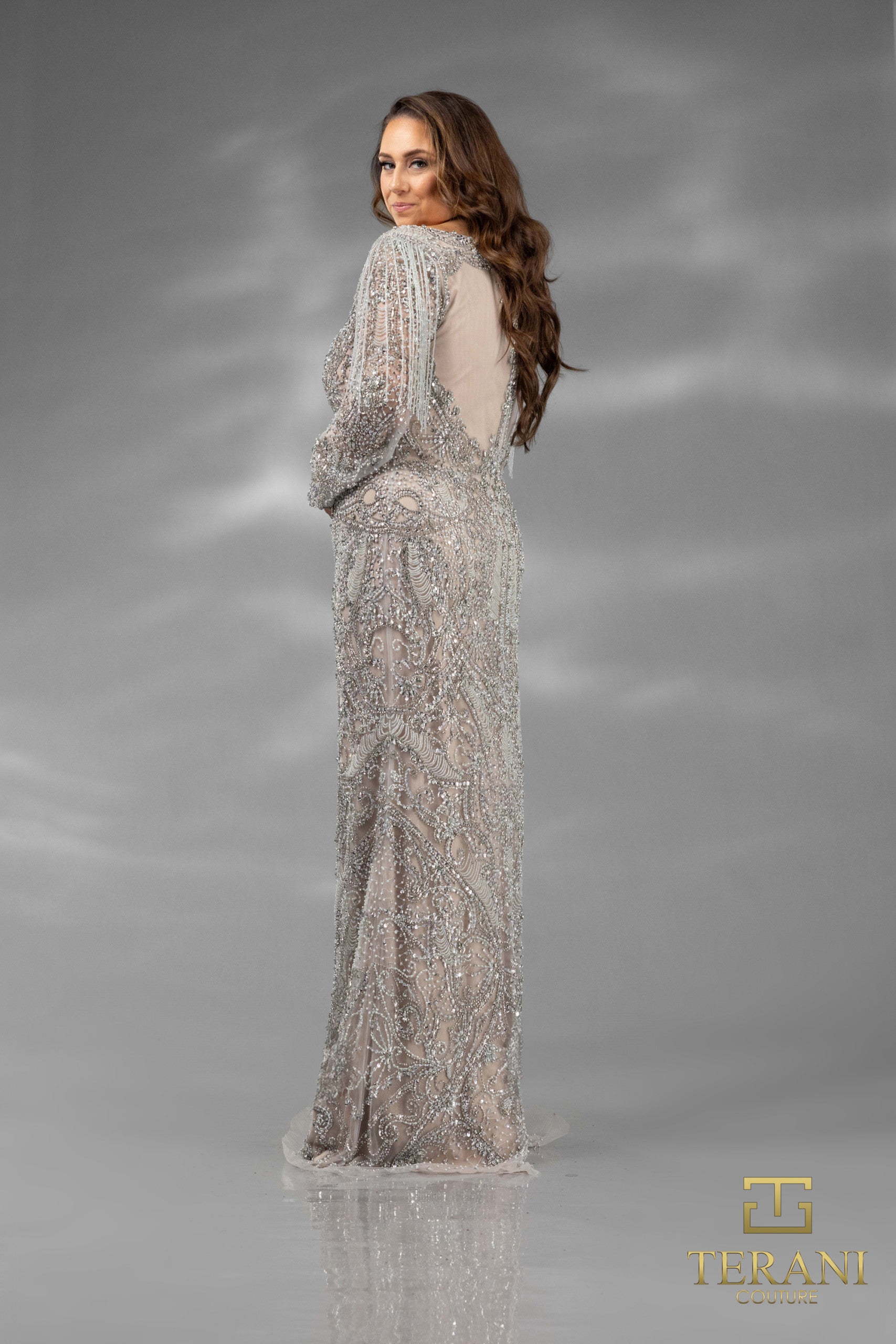 242GL3241 Tulle Long Sleeves Back Slit Column Dress