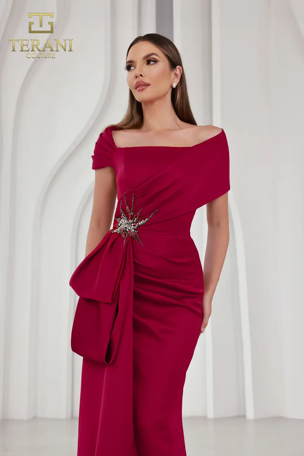 242M3338 Matte Satin Cap Sleeves Long Column Dress