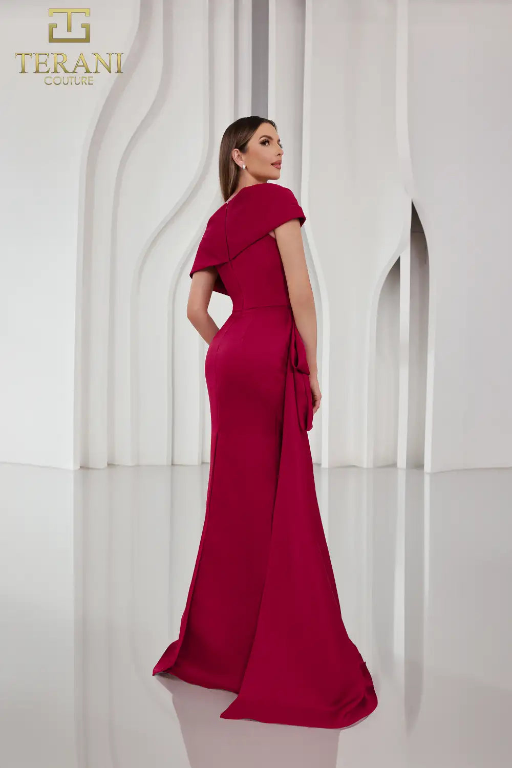 242M3338 Matte Satin Cap Sleeves Long Column Dress