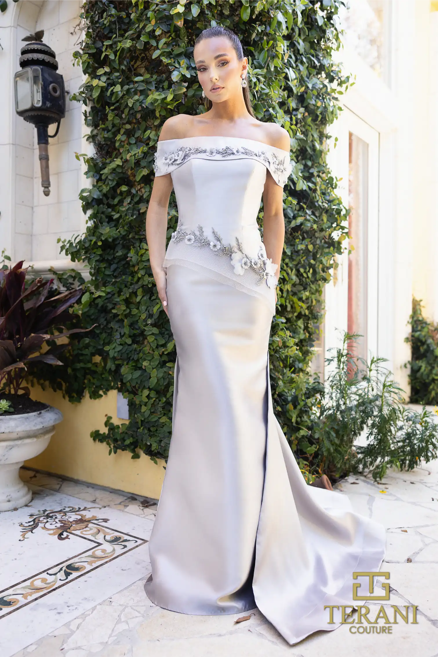 Off-Shoulder Silver Taupe Trumpet Dress