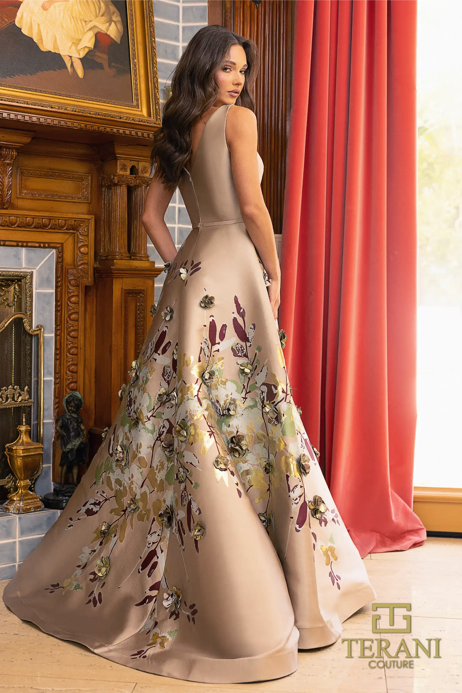 Printed Jacquard V-Neck Taupe Ballgown