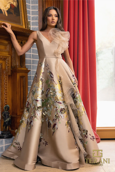 Sleeveless V-Neck Taupe Ballgown