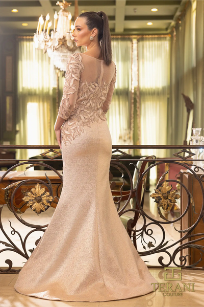 Rose Gold Illusion Trumpet Front Slit Dress
