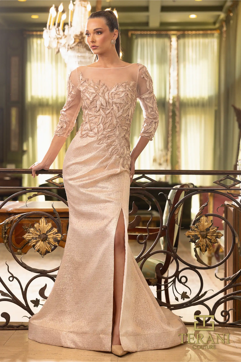 Rose Gold 3/4 Sleeves Front Slit Dress