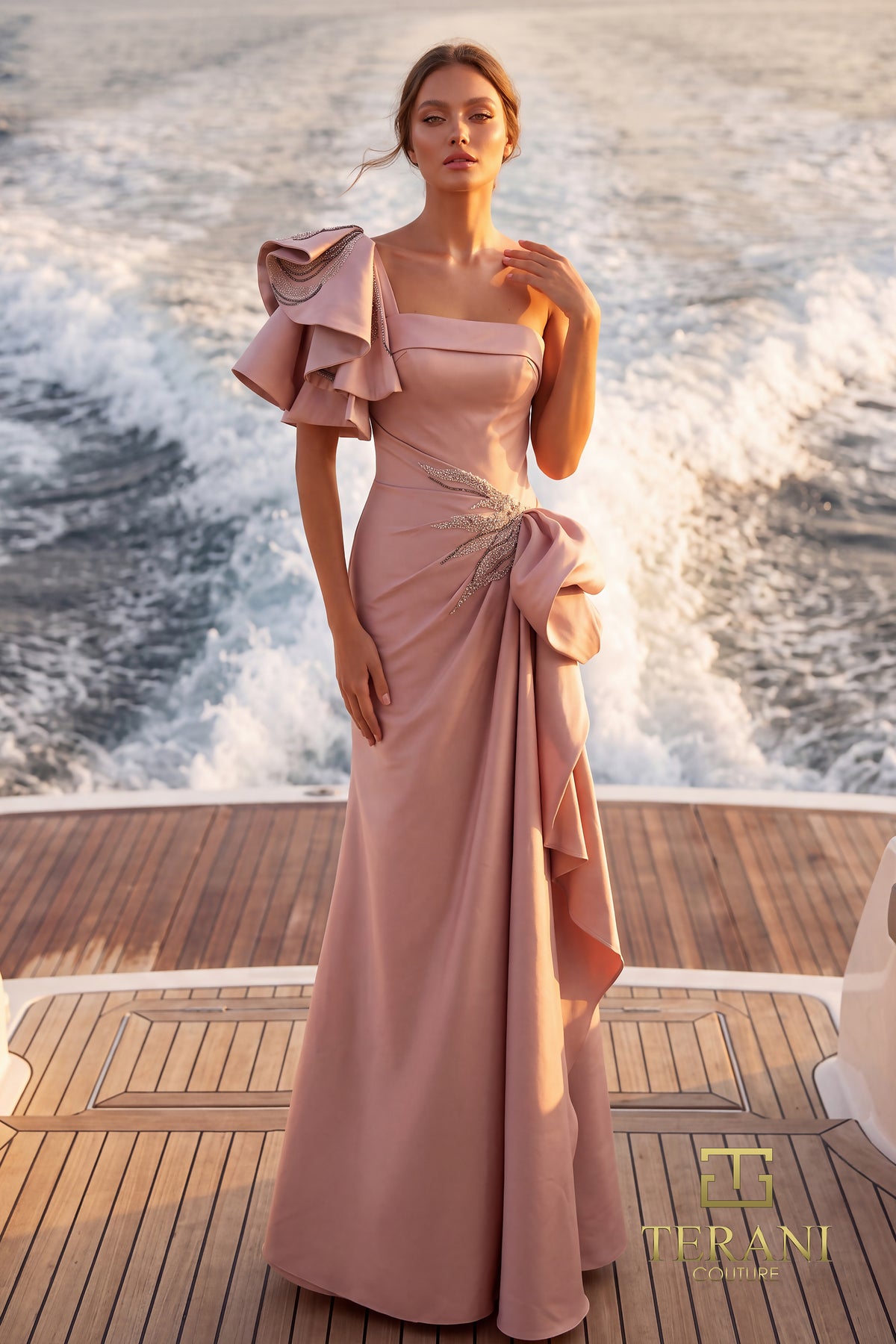 242E3117 Stretch Mikado One Shoulder Long Column Dress