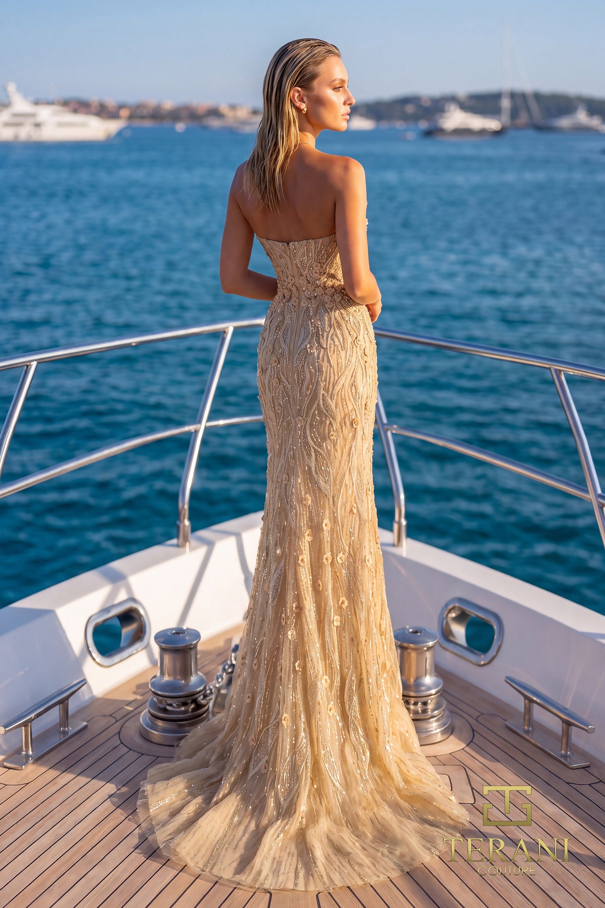 242GL3248 Tulle Halter Neckline Strapless Long Dress