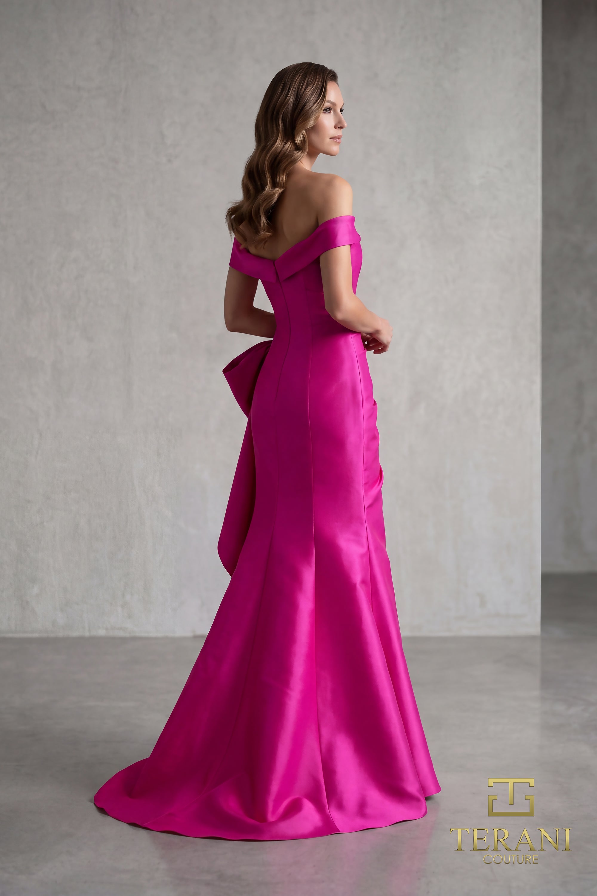 Off Shoulder 242M3335 Stretch Mikado Column Dress