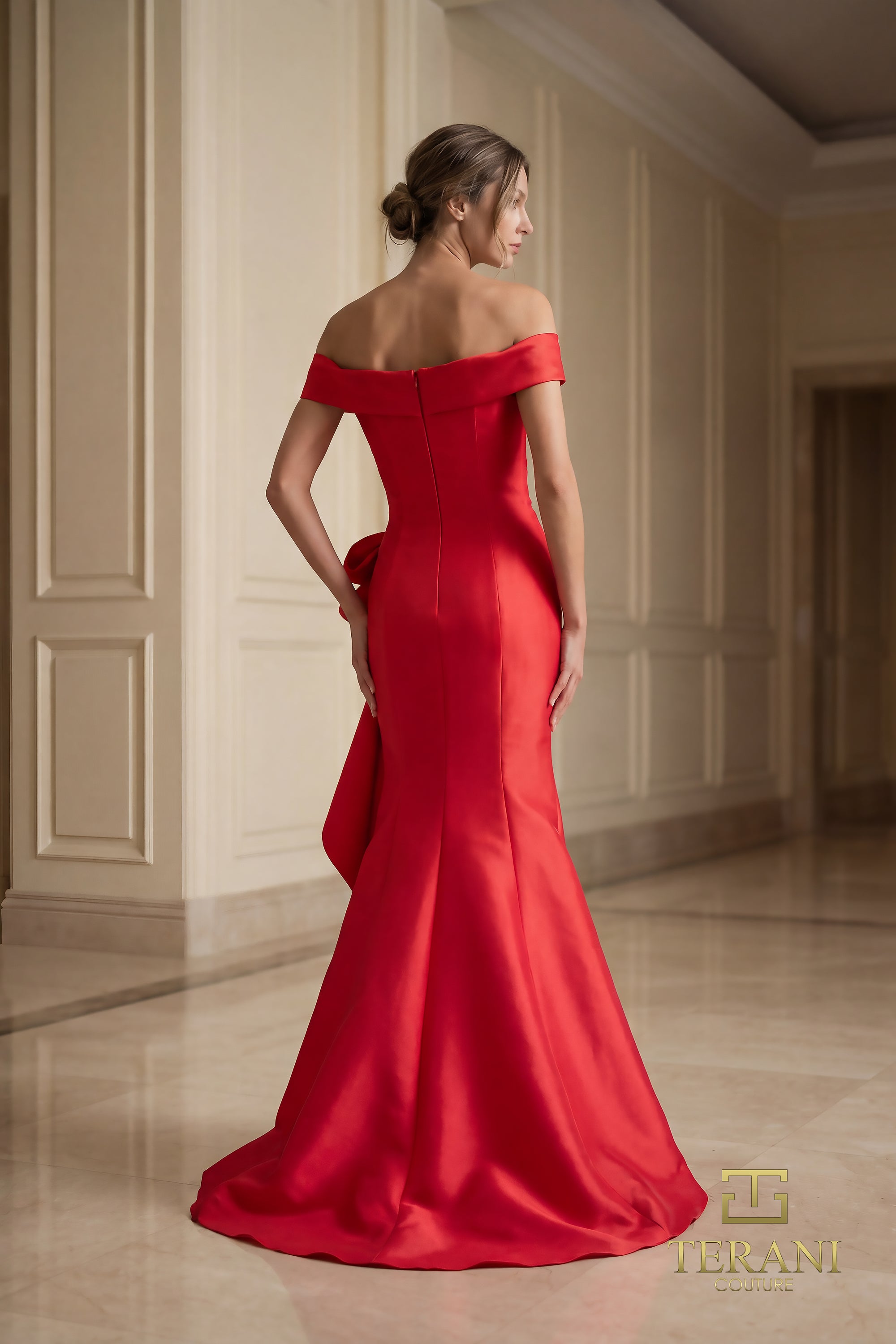Off Shoulder 242M3335 Stretch Mikado Column Dress