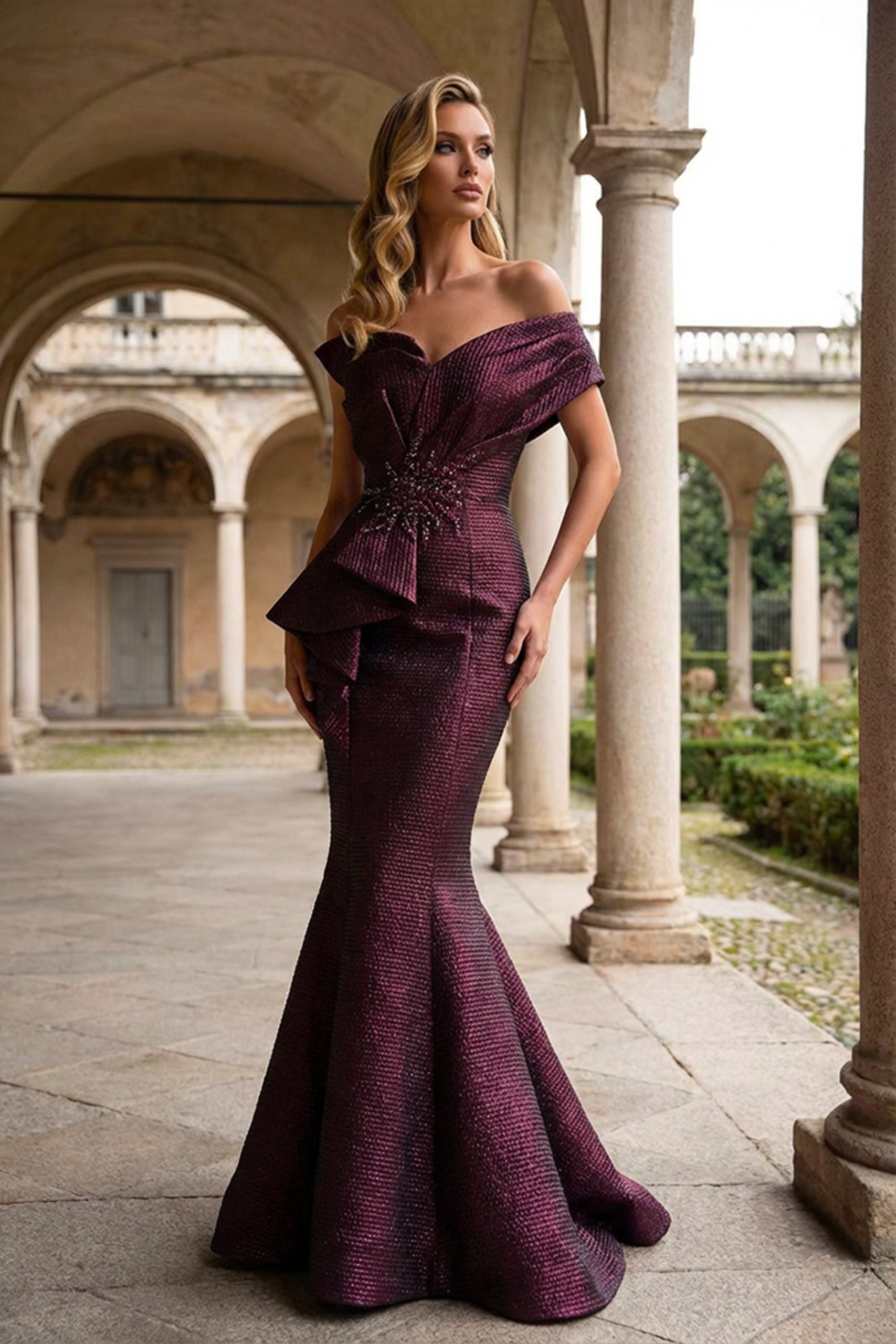 251E4201 Jacquard Asymmetrical Sleeveless Trumpet Dress