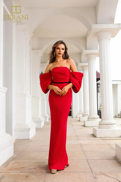 251E4204 Matte Satin Off-Shoulder Back Slit Sheath Dress