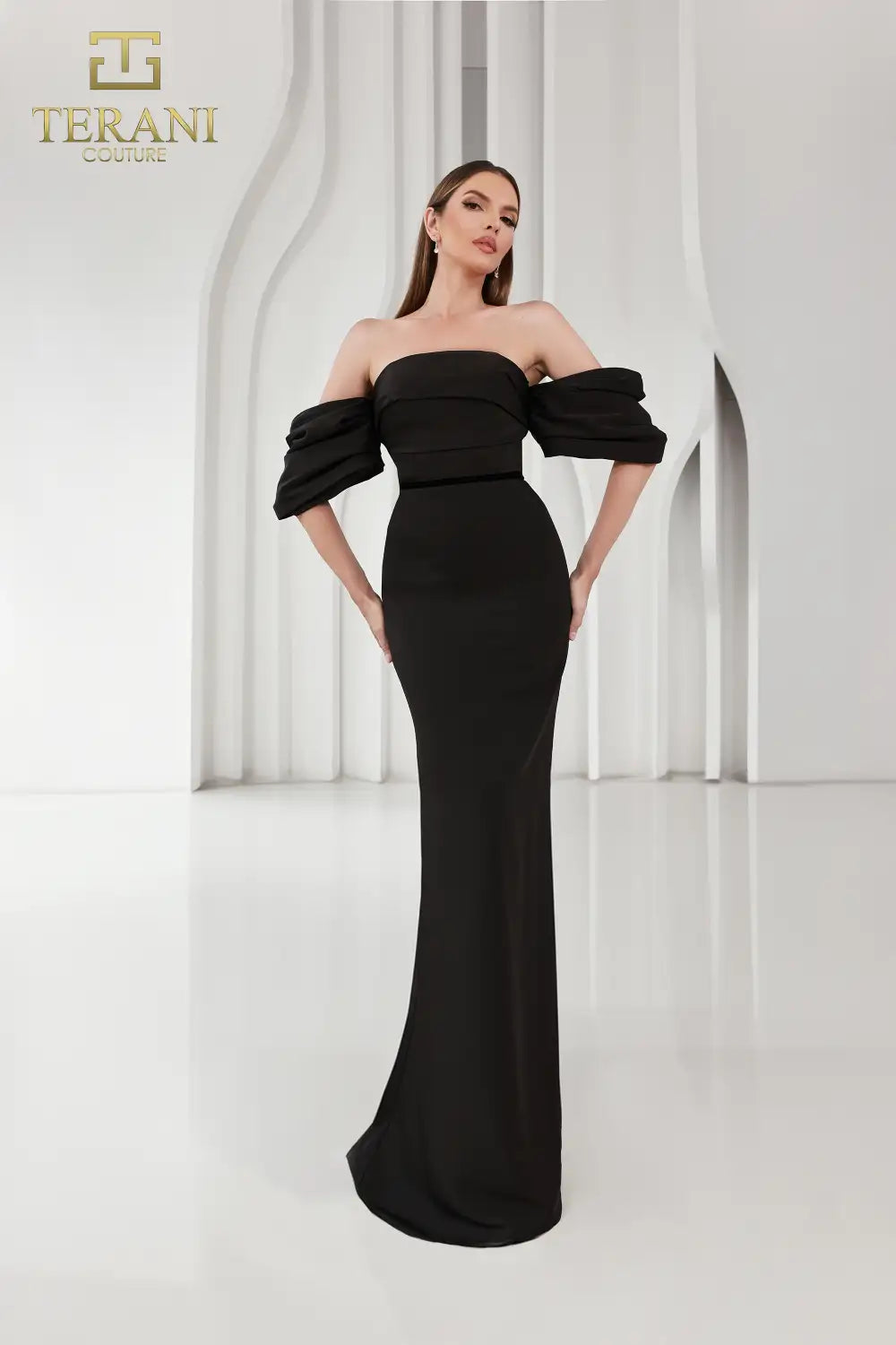 251E4204 Matte Satin Off-Shoulder Back Slit Sheath Dress