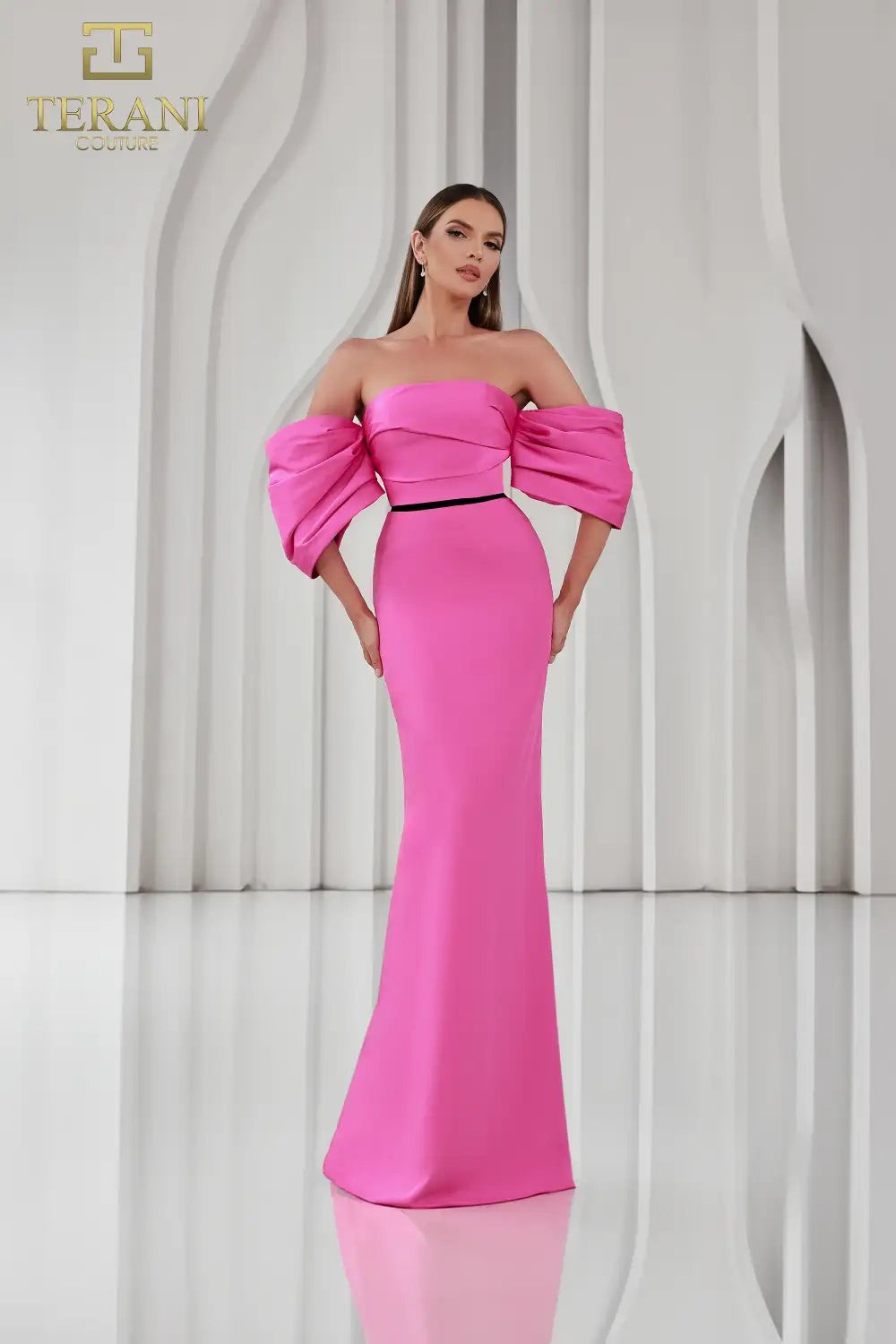 251E4204 Matte Satin Off-Shoulder Back Slit Sheath Dress