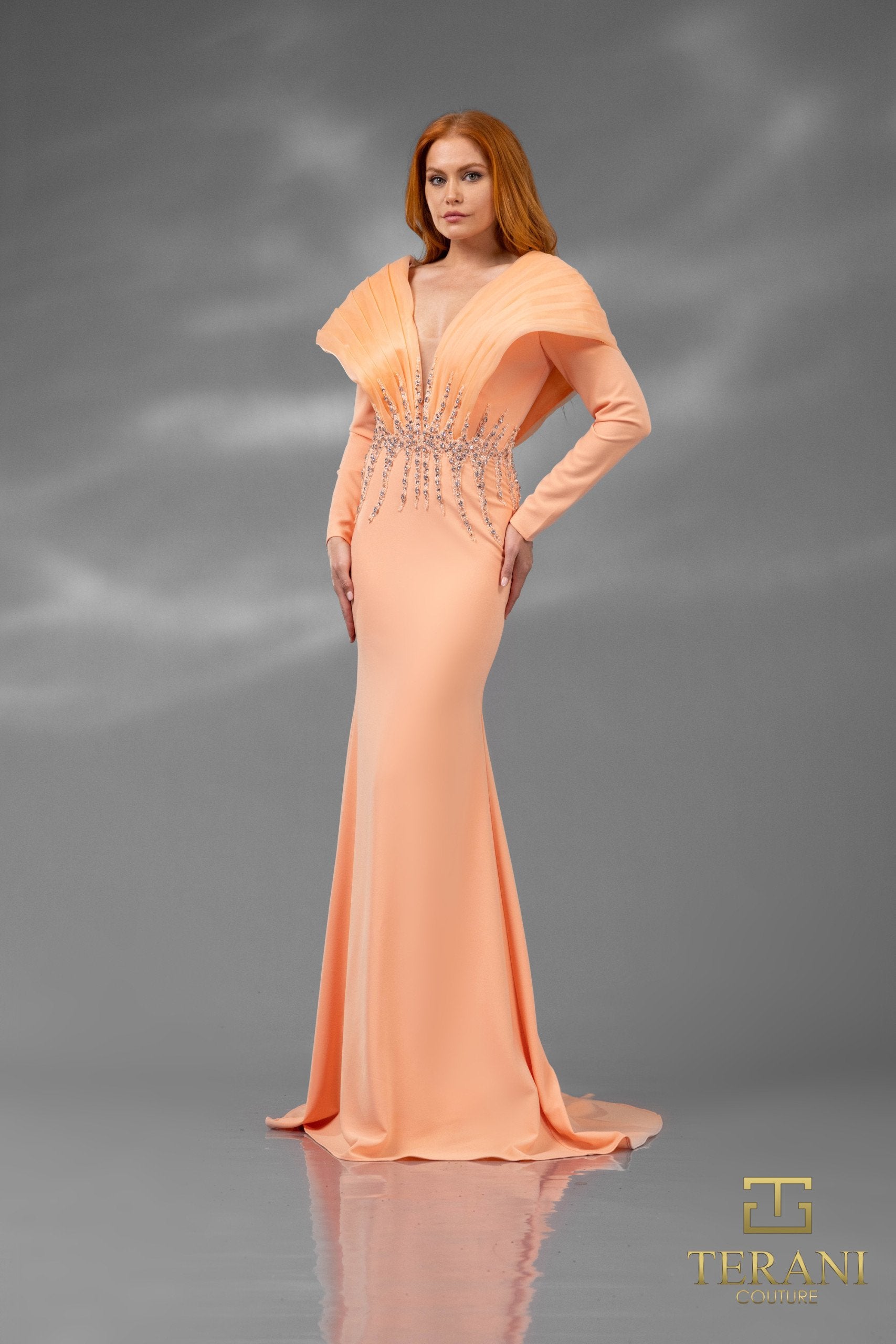 251E4222 V-neck Long Sleeves Fit And Flare Evening Dress
