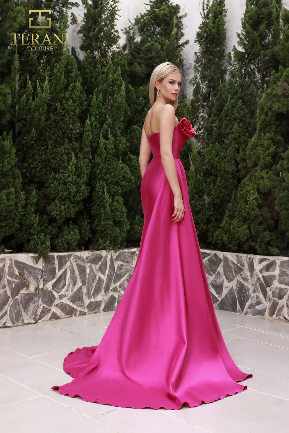 251E4251 Asymmetrical Front Slit Stretch Mikado Dress