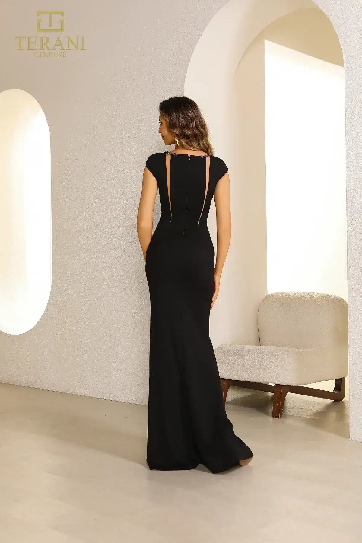 251E4586 Cap Sleeves Bodycon Black Evening Dress