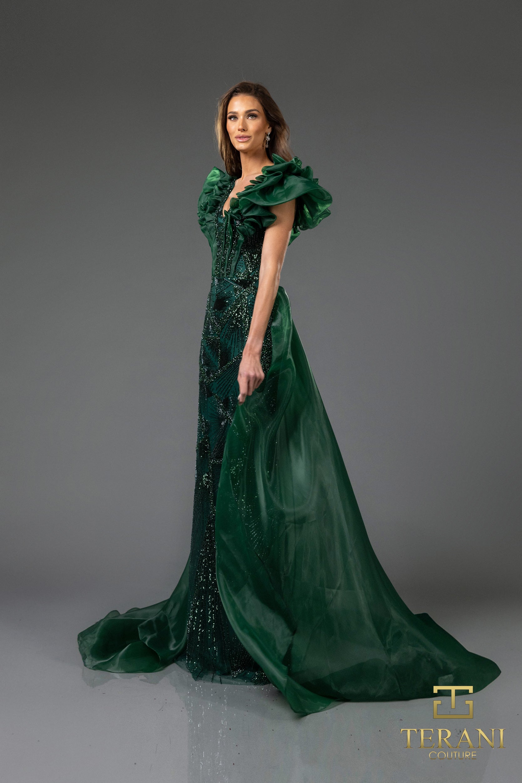 251GL4357 V-neck Puff Sleeves Beaded Tulle Sheath Pageant Dress