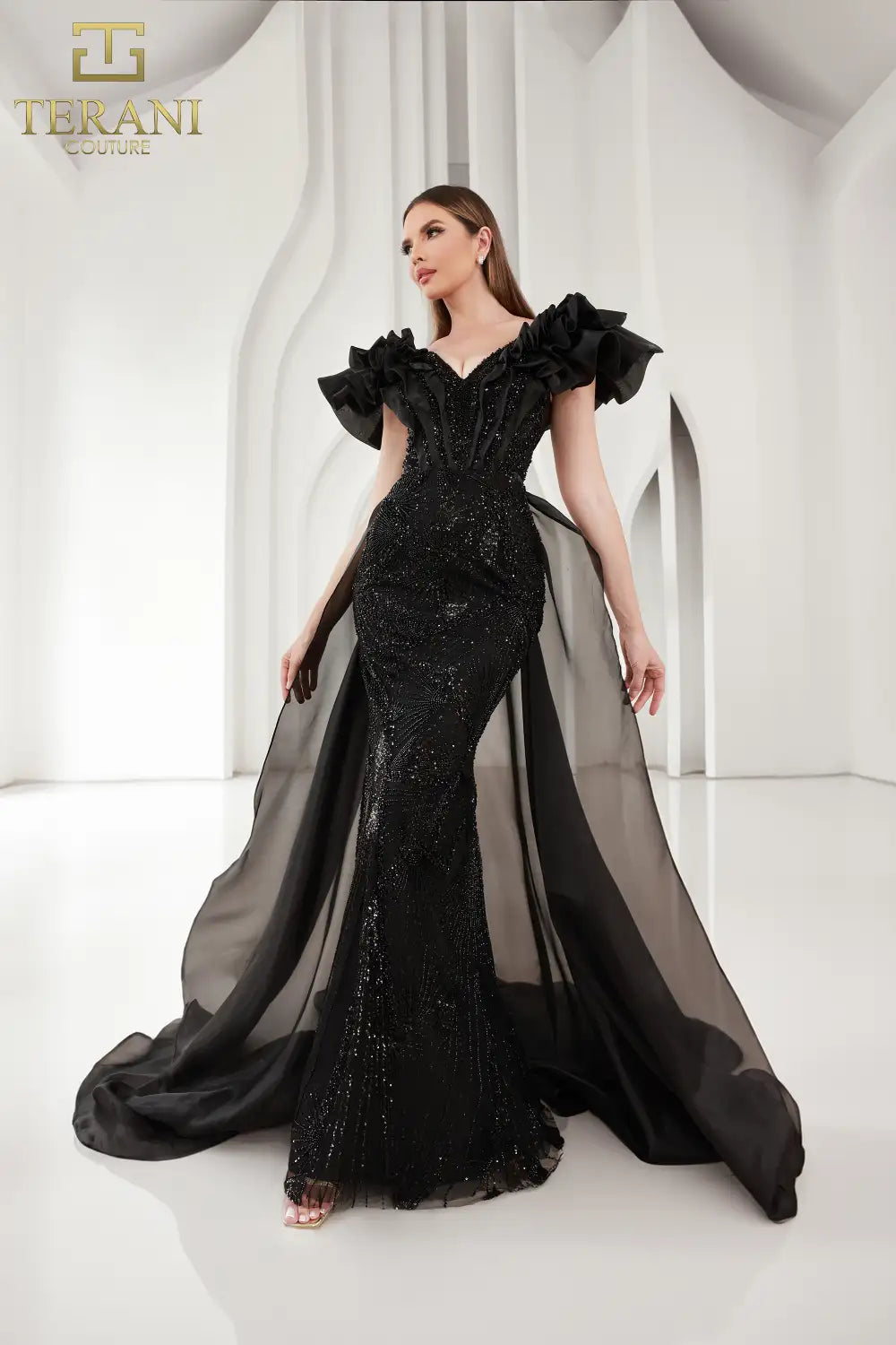 251GL4357 V-neck Puff Sleeves Beaded Tulle Sheath Pageant Dress