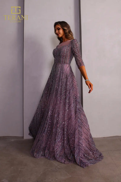 251M4409 Illussion Neck Beaded Tulle Long Sleeves Ballgown