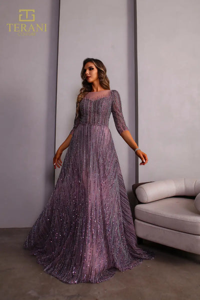 251M4409 Illussion Neck Beaded Tulle Long Sleeves Ballgown