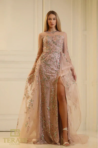 251M4412 Full Sleeves Beaded Tulle Long Dress