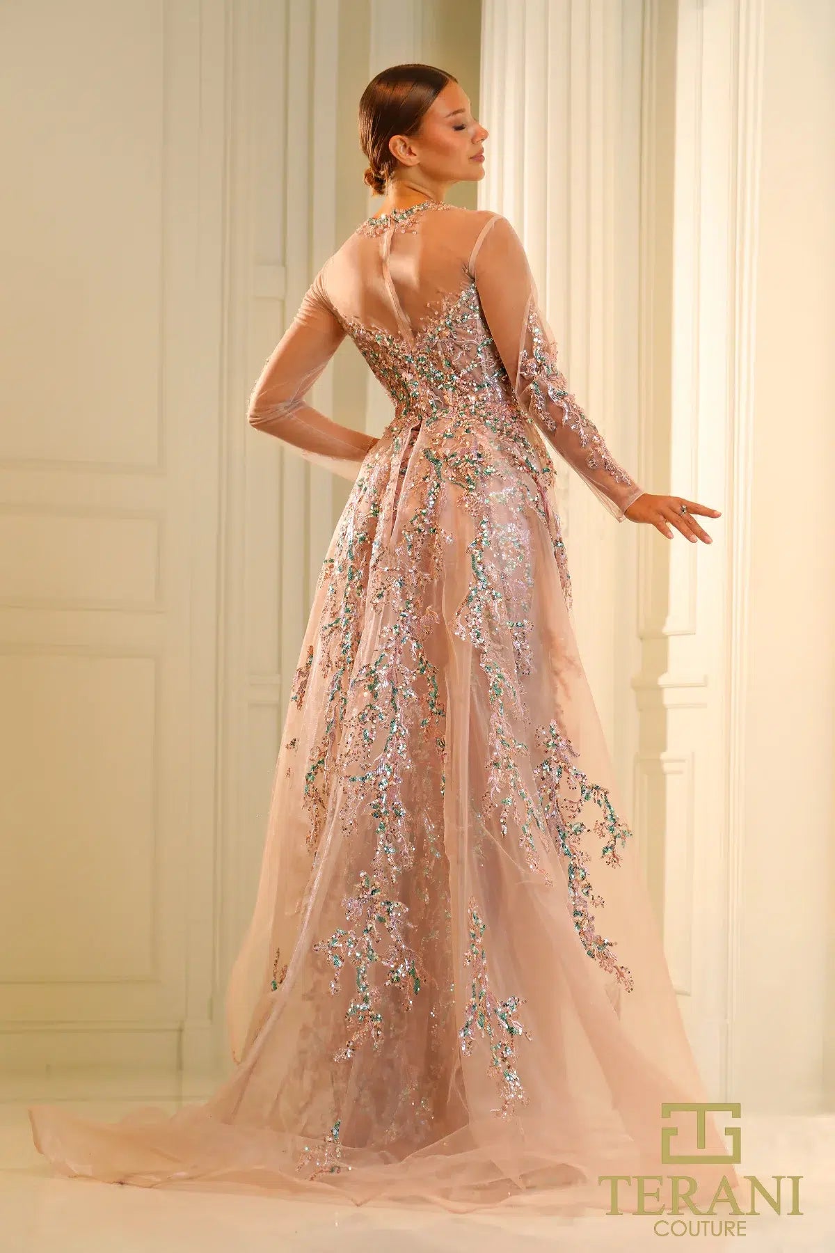 251M4412 Full Sleeves Beaded Tulle Long Dress