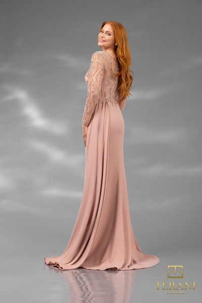251M4420 Illusion Neck Full Sleeves sheath Long Dress