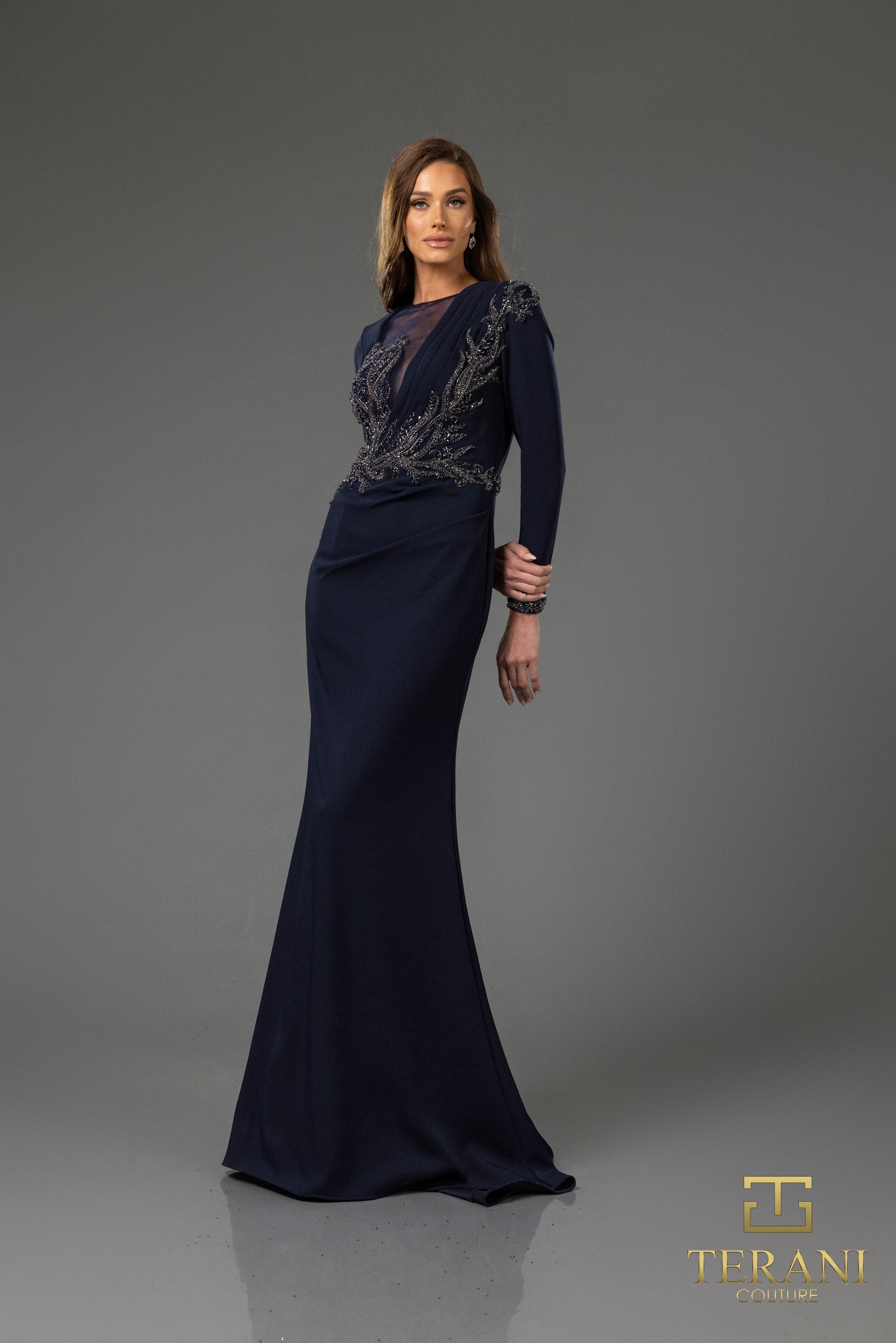 251M4422 Asymmetrical Full Sleeves Sheath Long Dress