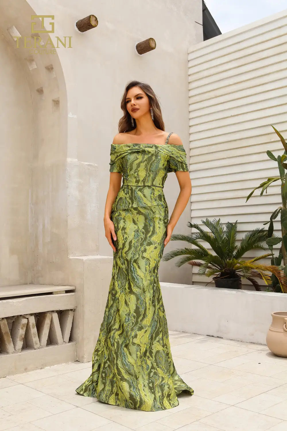 251M4434 Off The Shoulder Cap Sleeves Sheath Long Dress