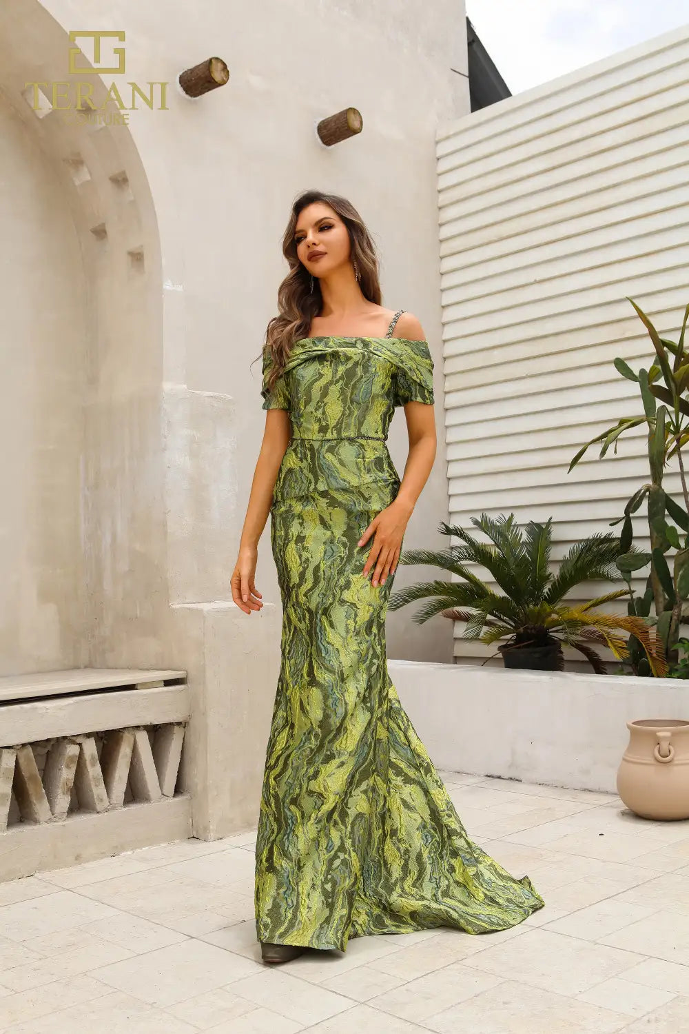 251M4434 Off The Shoulder Cap Sleeves Sheath Long Dress
