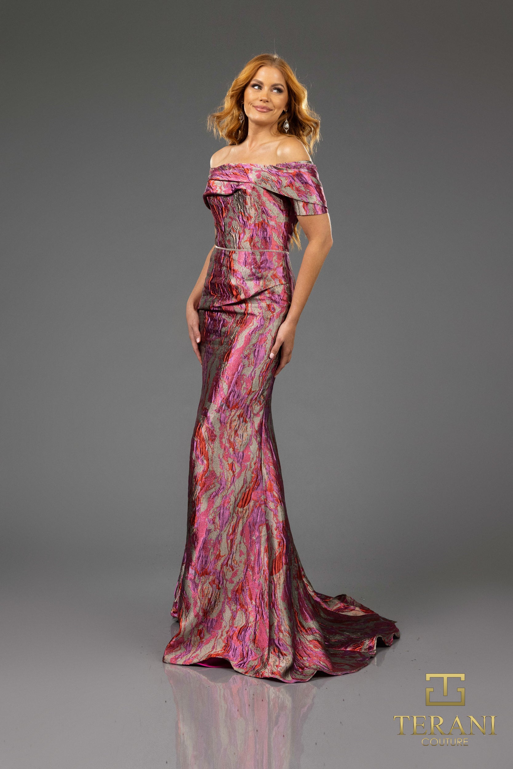 251M4434 Off The Shoulder Cap Sleeves Sheath Long Dress