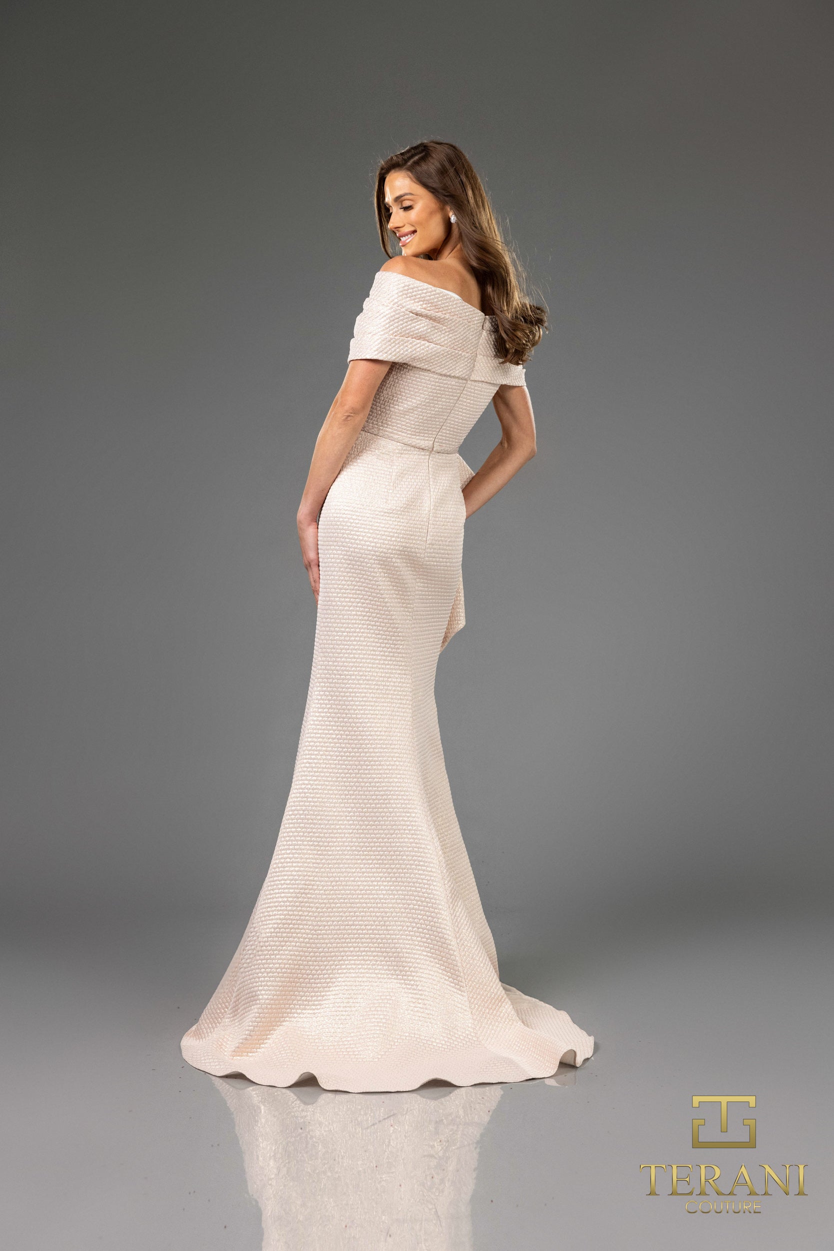 251M4448 Off The Shoulder Metallic Jacquard Long Trumpet Dress