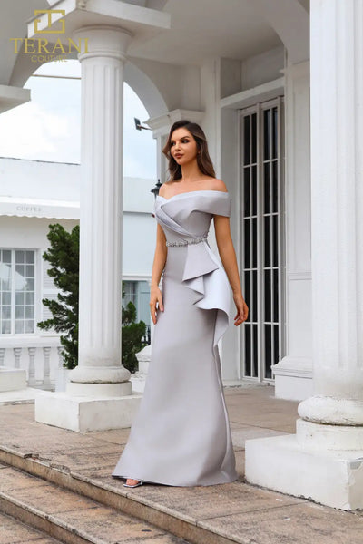 251M4452 Off The Shoulder Mikado Long Trumpet Dress