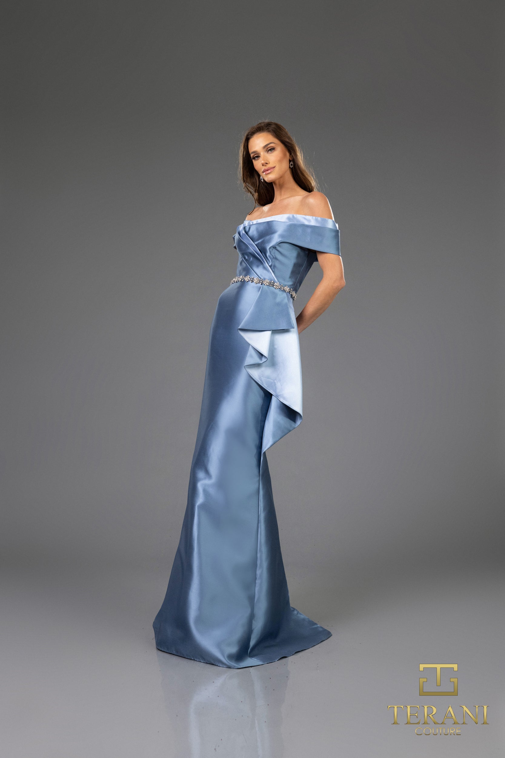 251M4452 Off The Shoulder Mikado Long Trumpet Dress