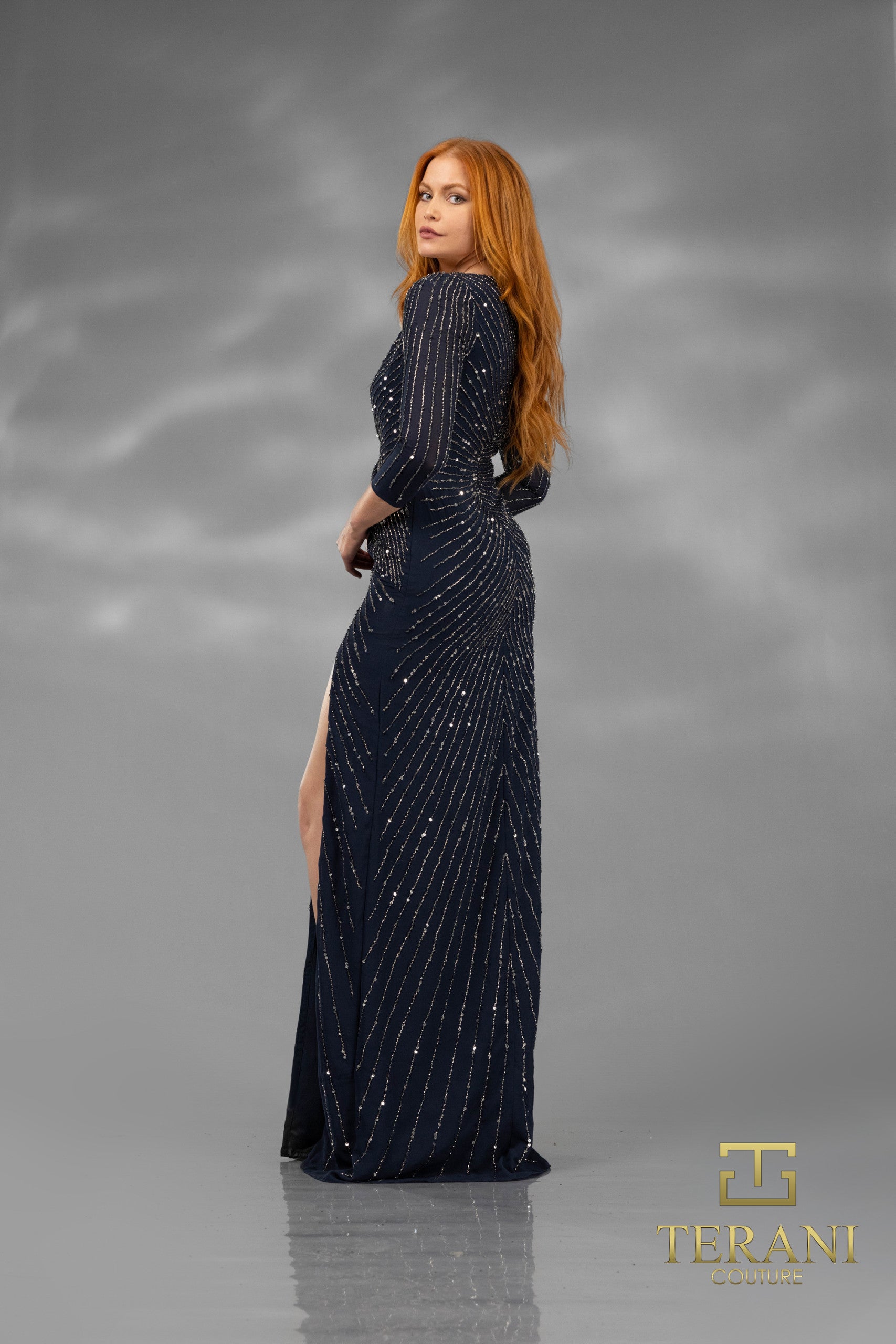 251M4614 Navy Sheath V-neck Sequin Long Dress
