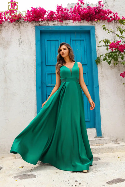 251P4113 V-Neck Sleeveless Satin A-Line Ballgown