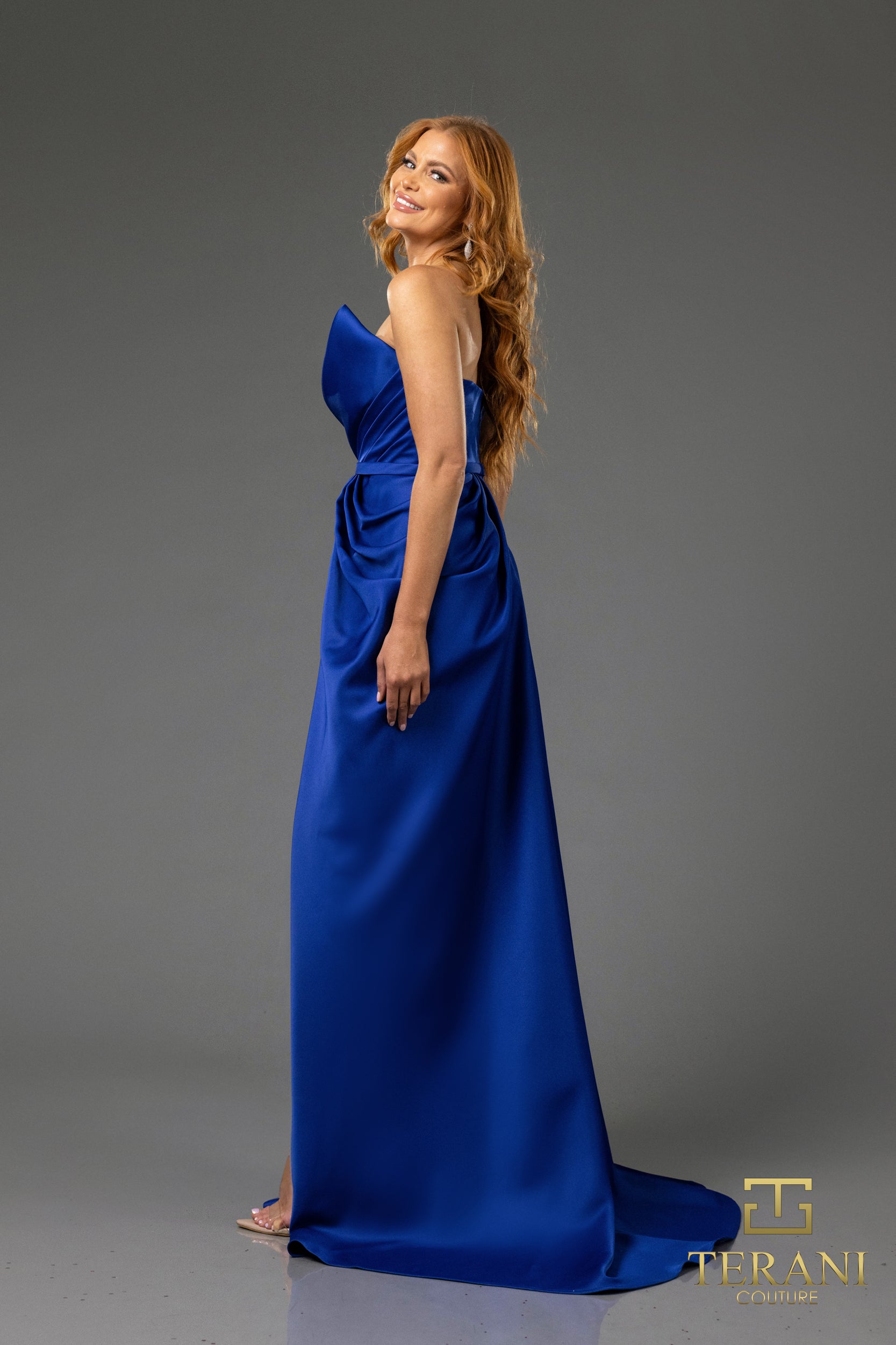 251P4131 Asymmetrical Matte Satin Long Prom Column Dress