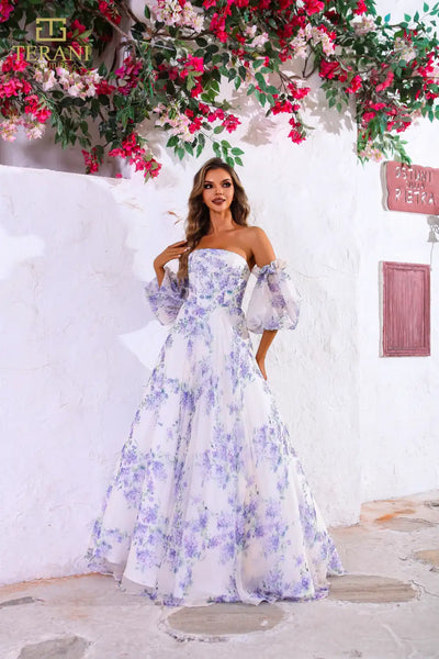 251P4141 Print Chiffon Puff Sleeves Straight A-Line Dress