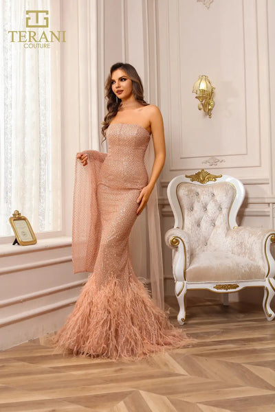251P4303 Strapless Beaded Tulle Mermaid Prom Dress