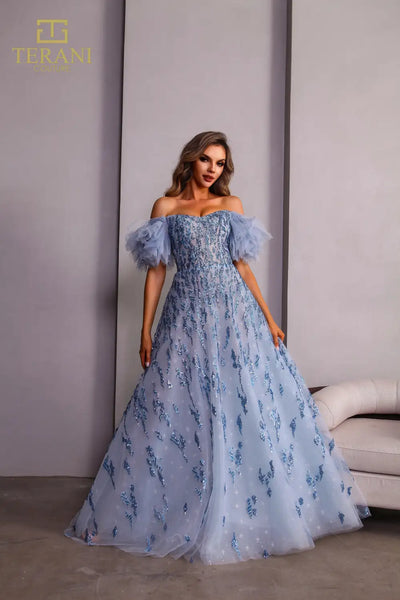 251P4500 A-line Off-Shoulder Straps Tulle Blue Prom Ballgown