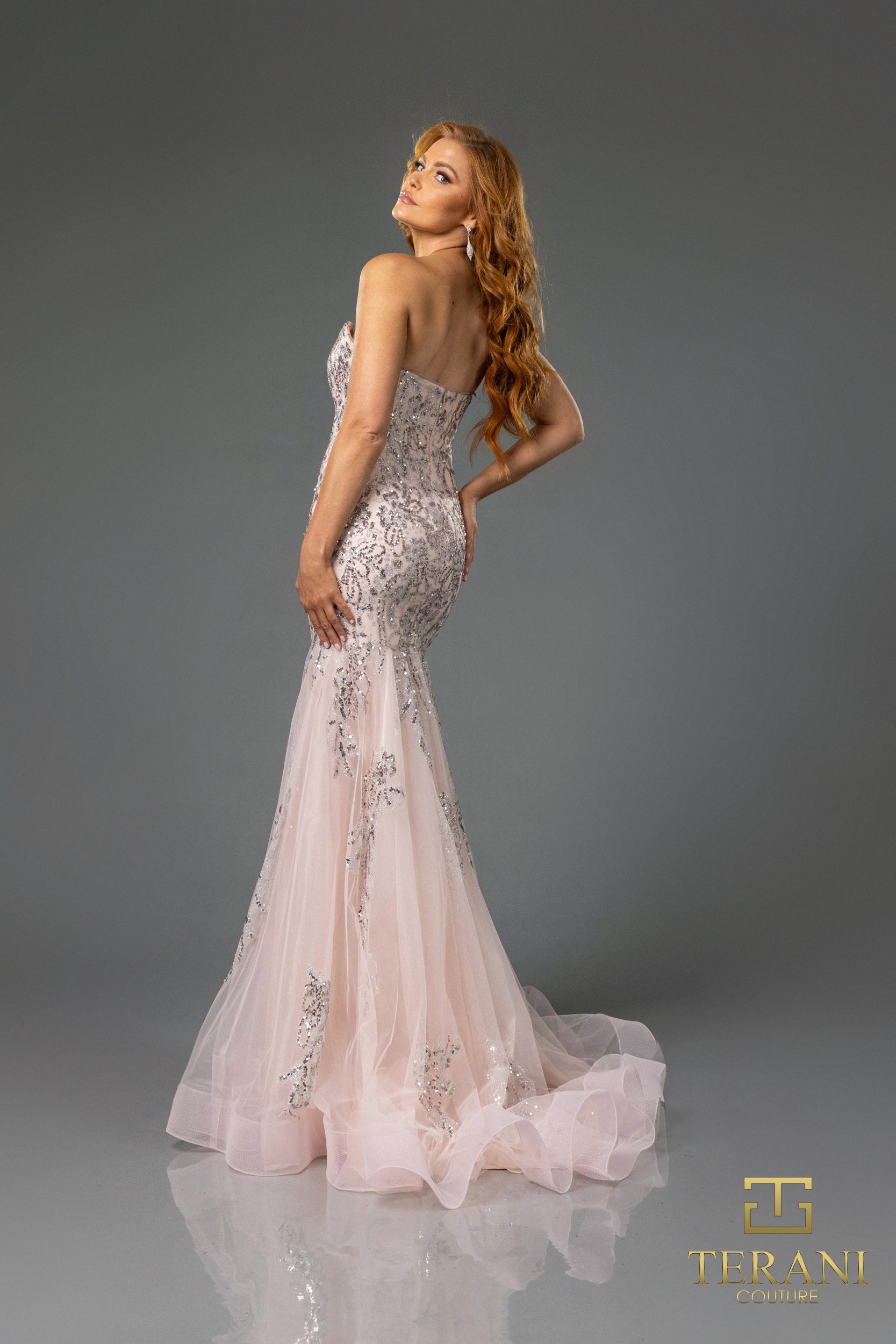 251P4641 Sweetheart Beaded Tulle Strapless Trumpet Prom Dress